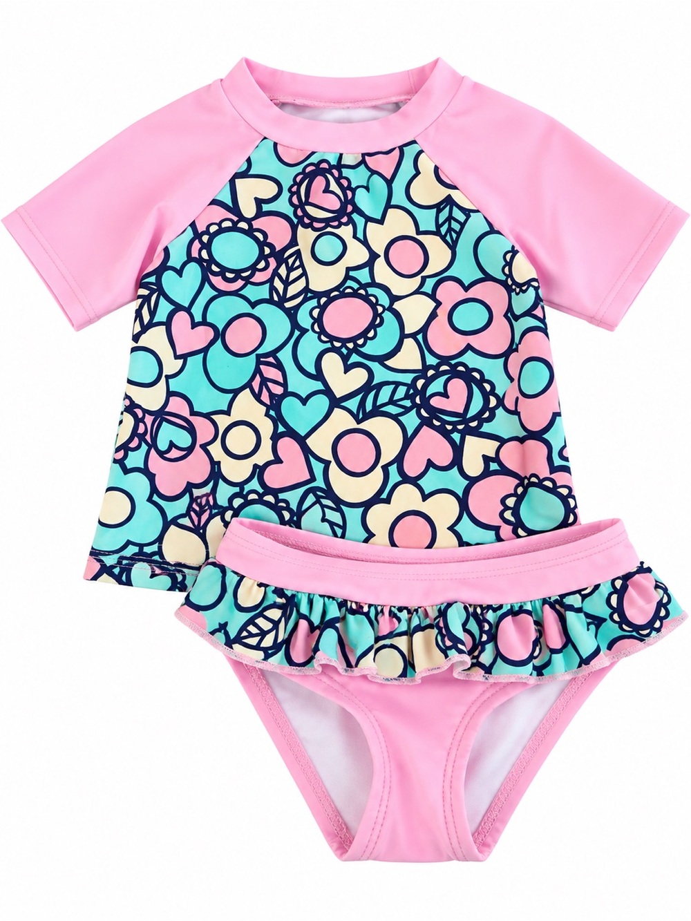 Floatimini Pink & Aqua Floral Kids Rash Guard Set